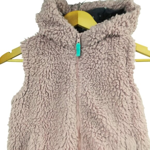 Mini Boden Teddy Bear Fleece Hooded Vest Size 5-6Y Pink Blue Stars Kids Faux Fur - Picture 5 of 11